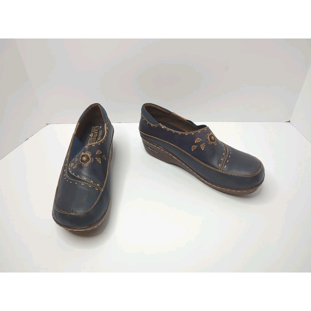 L'Artiste Spring Step Burbank Clogs 41 Mules Navy Blue Tooled Leather Boho 9.5